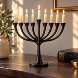 9-Branch Hanukkah Menorah – A Symbol of Faith, Hope & Divine Light | Elegant Gold, Silver, Bronze & Black Candle Holder