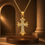 Full Inlaid CZ Gothic Fleur-de-lis Cross Stainless Steel Necklace