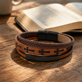 Multi‑Layer Braided Cross Printed Men Leather Bracelet, Vintage PU Leather Magnetic Clasp Religious Wrist Jewelry