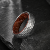 Hammered Titanium Steel Ring with Natural Wood Inner Liner, 6mm Vintage Domed Band, Rustic Wooden Inlay Wedding Promise Ring for Men & Women