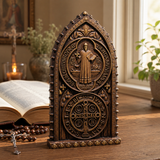 Hand-Carved Beechwood St. Benedict Medal Desktop Ornament