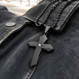 Faceted Eight Point North Star CZ Inlay Stainless Steel Cross Necklace