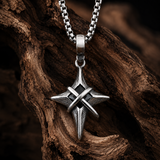 Vintage North Star Men Stainless Steel Necklace, Wrapped Cross Black CZ 4‑Point Star Pendant With Box Chain
