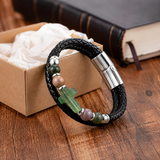 English Product Description for 21cm Stone Cross Leather Bracelet