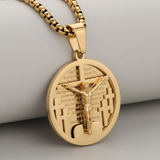 3D Crucifixion Lord’s Prayer Engraved Medallion Pendant Necklace