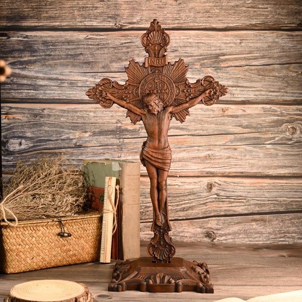 Wood carving of the Cross of the Order of Saint Benedict - with base - BGCOPPER