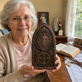 Hand-Carved Beechwood St. Benedict Medal Desktop Ornament