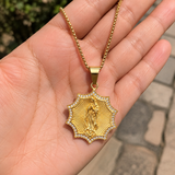 Gold Octagonal Star CZ Our Lady of Guadalupe Necklace, 3D Embossed Radiant Titanium Steel Religious Pendant Box Chain for Men