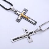 Vintage Greek Key Border Two Tone 3D Crucifix Stainless Steel Necklace