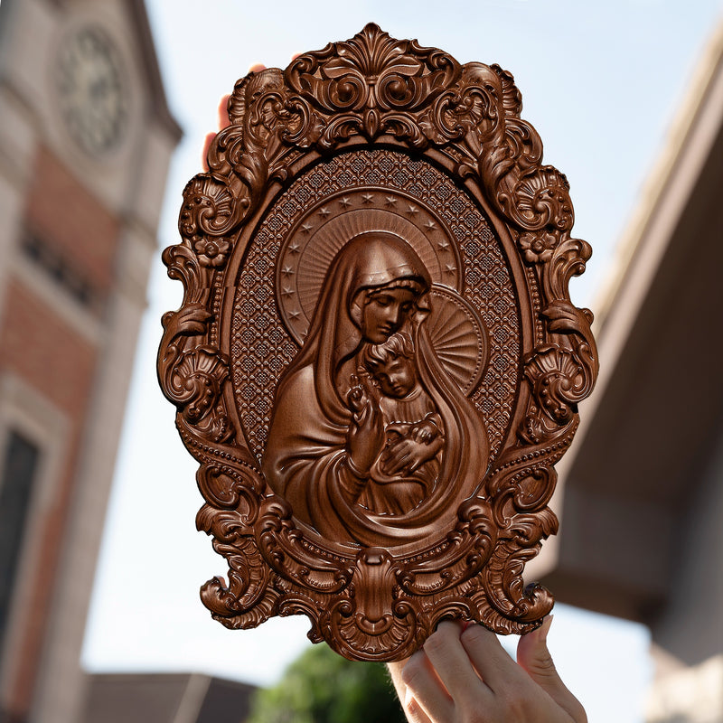 Mother Mary with Baby Jesus Wood Carving Decor