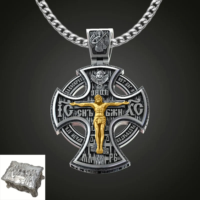 Michael Archangel and Crucifixion Front and Back Engraved 925K Sterling Silver Pendant Necklace