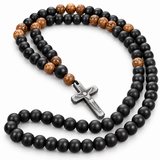 Black Stone & Wood Bead Crucifix Rosary Necklace – 70cm Christian Prayer Rosary