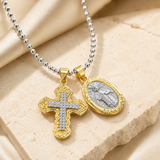 Two Charms Necklace, Iced Cross & Miraculous Medal Pendant, 316L Stainless Steel Religious Ball Chain Jewelry