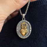 Two Tone Gold Silver Sacred Heart of Jesus Oval Stainless Steel Necklace