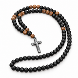 Black Stone & Wood Bead Crucifix Rosary Necklace – 70cm Christian Prayer Rosary