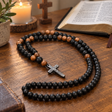 Black Stone & Wood Bead Crucifix Rosary Necklace – 70cm Christian Prayer Rosary