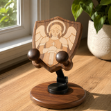 Black Walnut “Archangel Michael” Adjustable Phone Stand—A Faith-Inspired Wooden Desktop Stand
