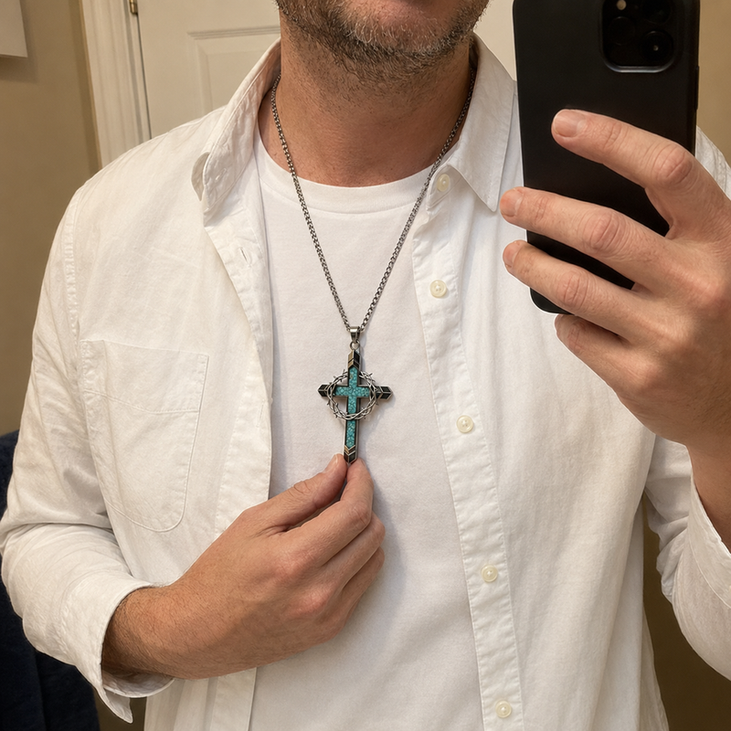 Crown of Thorns turquoise cross necklace worn close to the heart
