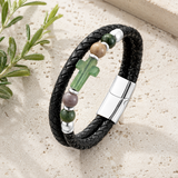 English Product Description for 21cm Stone Cross Leather Bracelet