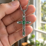 Vintage Green Stone Cross Pendant Necklace for Men