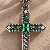 Vintage Green Stone Cross Pendant Necklace for Men
