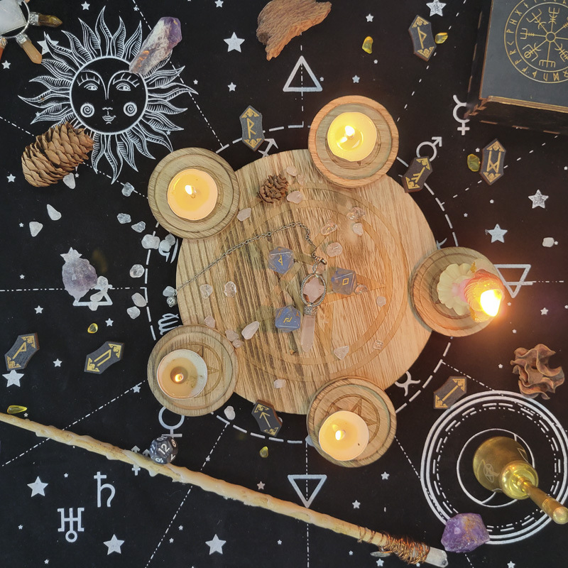 Pentagram Wooden Disc Candle Holder DIY Tarot Decoration Crystal Accessories