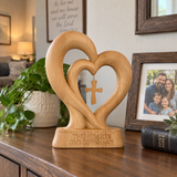 Handcrafted Beechwood Two Hearts One Covenant Cross Sculpture – Christian Wedding & Anniversary Gift