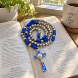 t. Benedict Blue Enamel Rosary with Crucifix – Silver-Tone Beads & Braided Cord
