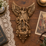 St. Michael the Archangel Battery-Powered Wall Lamp — Antique Bronze Resin Christian Home Decor