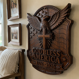 God Bless America Wooden Wall Plaque – Hand-Carved Beechwood Eagle Cross Decor, 1776–2026 250th Anniversary