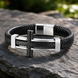 Wheat‑Textured Cross Titanium Steel Braided Leather Men’s Bracelet