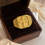 Triple Sides Embossed Cross Hammered Texture Stainless Steel Men’s Signet Ring