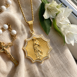Gold Octagonal Star CZ Our Lady of Guadalupe Necklace, 3D Embossed Radiant Titanium Steel Religious Pendant Box Chain for Men
