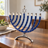 Blue & Silver Hanukkah Menorah – Star of David Candle Holder