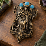 Triple Hecate Wall Sculpture – Antique Bronze Goddess Decor with Blue Orb Accents