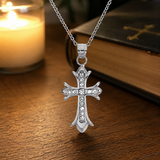 Full Inlaid CZ Gothic Fleur-de-lis Cross Stainless Steel Necklace