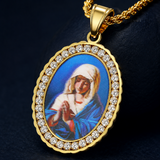 Iced Oval Praying Virgin Mary Portrait Pendant Necklace, 316L Stainless Steel Gold Plated Our Lady Medal Necklace With Rope Chain Religious Jewelry