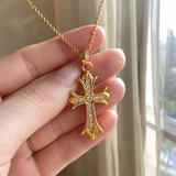 Full Inlaid CZ Gothic Fleur-de-lis Cross Stainless Steel Necklace