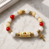 Chalcedony Cross Beaded Bracelet, Vintage Religious Printed Tube Bead Faith Jewelry for Women