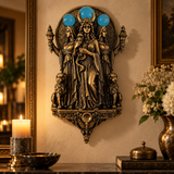 Triple Hecate Wall Sculpture – Antique Bronze Goddess Decor with Blue Orb Accents