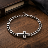 Men’s Carbon Fiber Inlay Cross Curb Chain Bracelet, 316L Stainless Steel Adjustable Religious Faith Bracelet, Silver & Gold Tone Christian Gift for Him