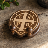 Black Walnut St. Benedict Cross Phone Stand—Foldable and Adjustable Christian Desktop Stand - side view