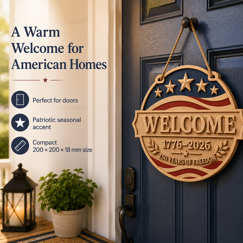 Patriotic beech wood welcome sign hanging on a blue front door