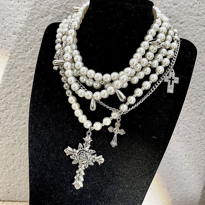 Multi-layer cross pearl necklace