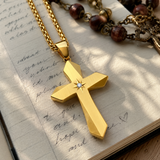 Faceted Eight Point North Star CZ Inlay Stainless Steel Cross Necklace