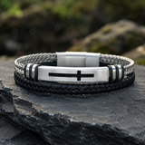 Two‑Layer Braided Leather Cross Bracelet