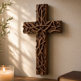 Hand-Carved Beechwood Crown of Thorns Wall Cross for Christian home decor and prayer spaces