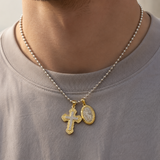 Two Charms Necklace, Iced Cross & Miraculous Medal Pendant, 316L Stainless Steel Religious Ball Chain Jewelry