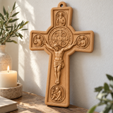 Hand-Carved Beechwood Saint Benedict Protection Crucifix – Christian Wall Cross