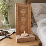 Holy Family Three Sacred Hearts Candlestick Wooden Carved Tabletop Arrangement